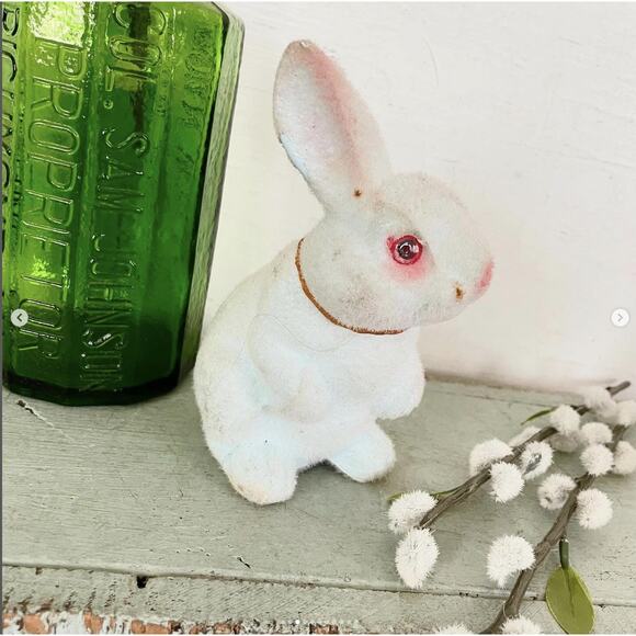 Vintage Flocked Fuzzy Easter Bunny Pink OR Blue Bank Glass Plastic Eye BOTH - Picture 3 of 10